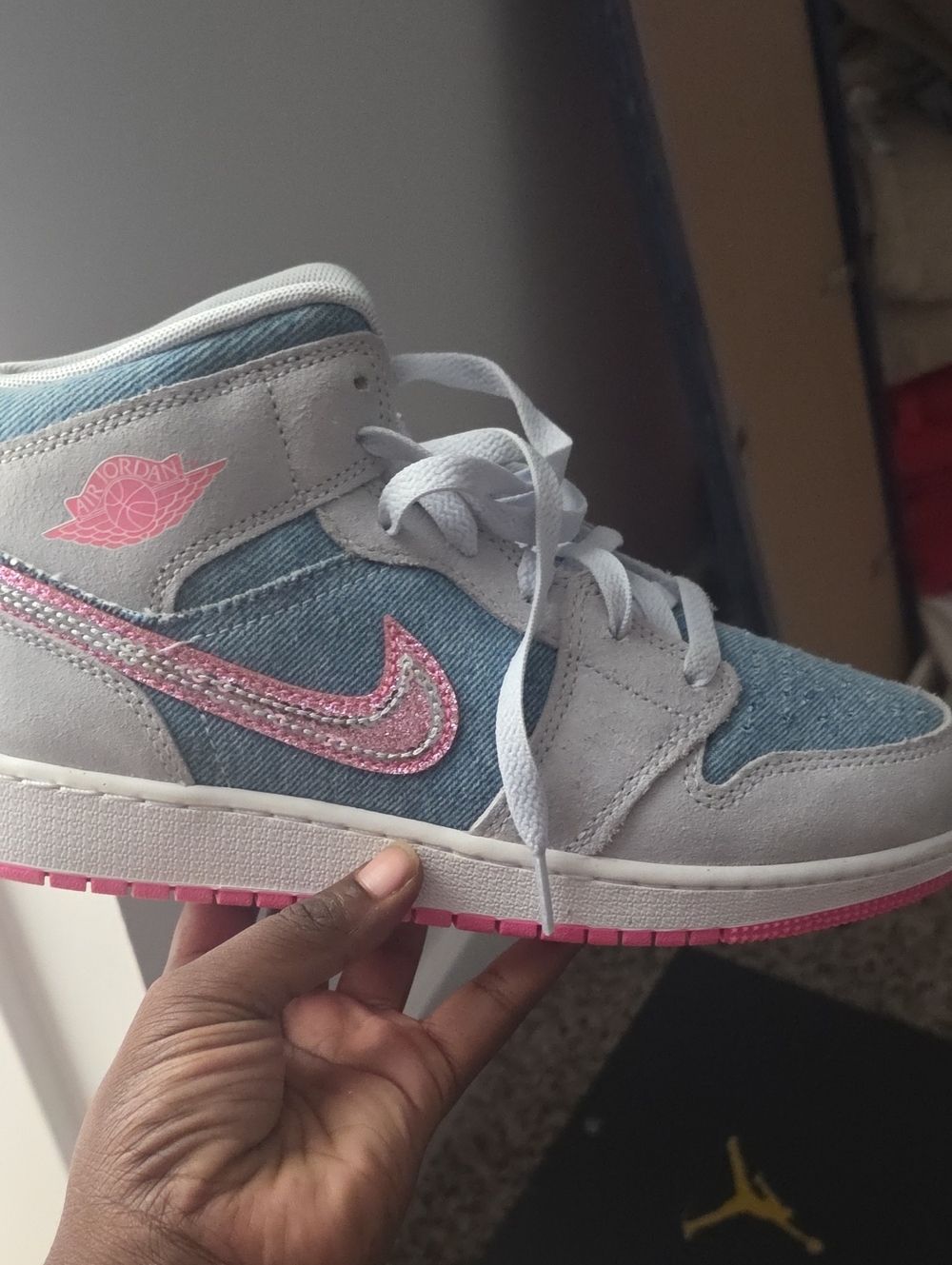 Jordan Kids Mid-Top Sneakers — Light Gray, Denim & Pink Accent